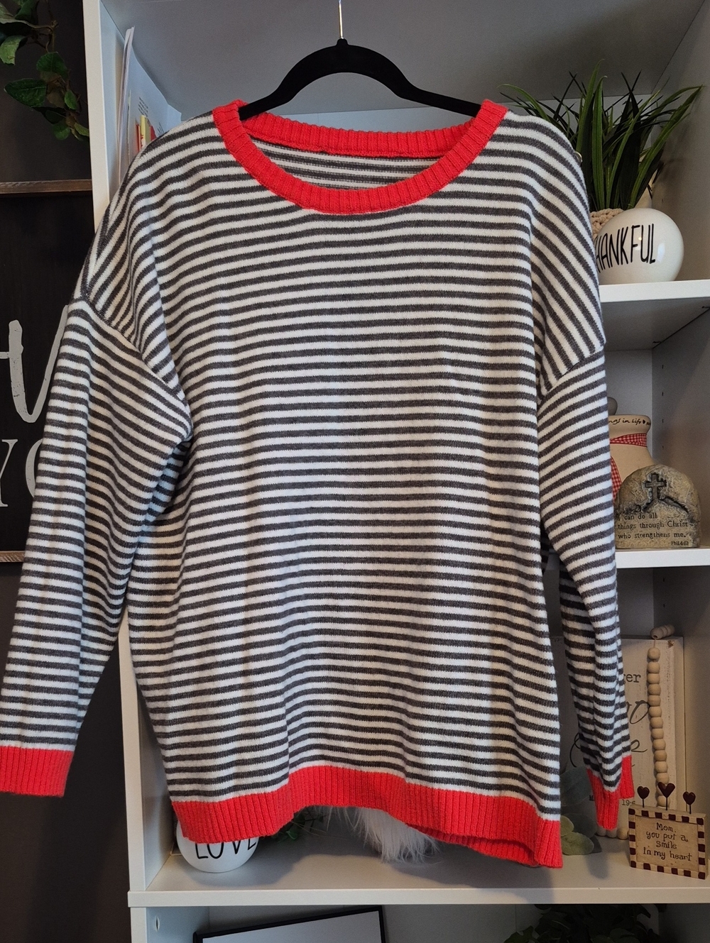 Striped Crewneck Sweater with Coral Trim - Women's